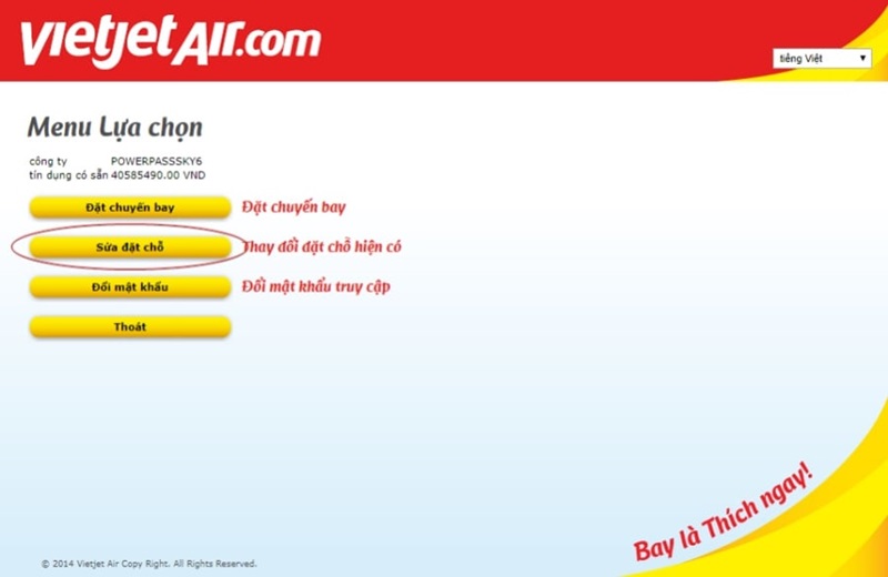 Đổi vé bay Vietjet online trên website