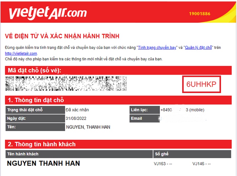 Mã code vé máy bay được in màu đỏ gồm 6 ký tự
